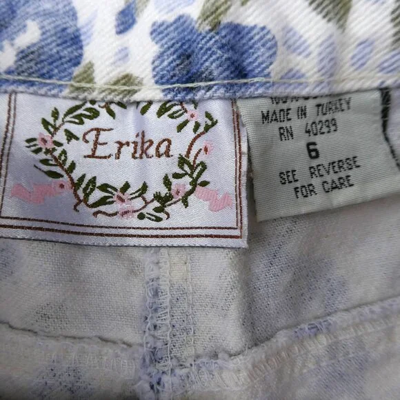 25x9 Vintage Erika Floral Denim Bermuda Shorts High Waist YKK Zip Fly Pockets - Picture 7 of 8